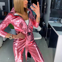 Load image into Gallery viewer, Streetwear PU Leather Pink Silver Glitter Long Sleeve Bodycon Jumpsuit Sexy Women Autumn Winter Belt Romper Night Club Overall